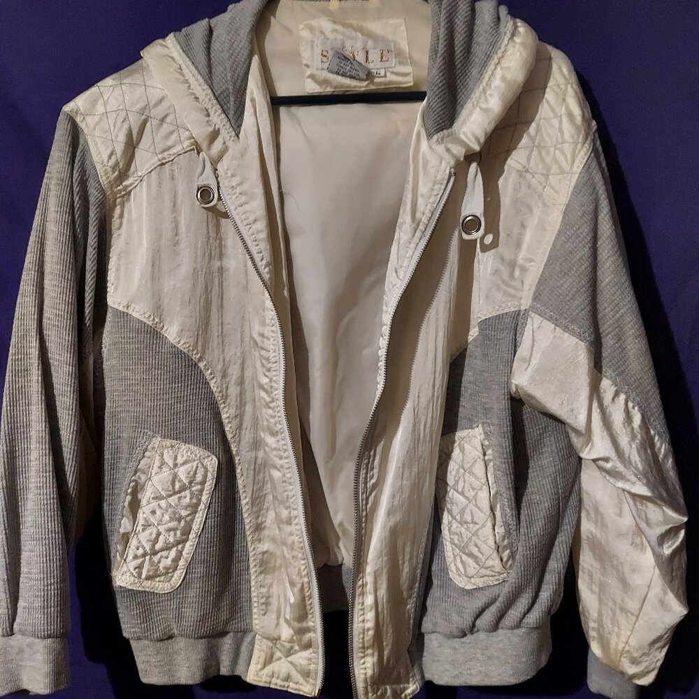 grey vintage colorblock quilted zip up windbreaker bomber jacket with hoodie